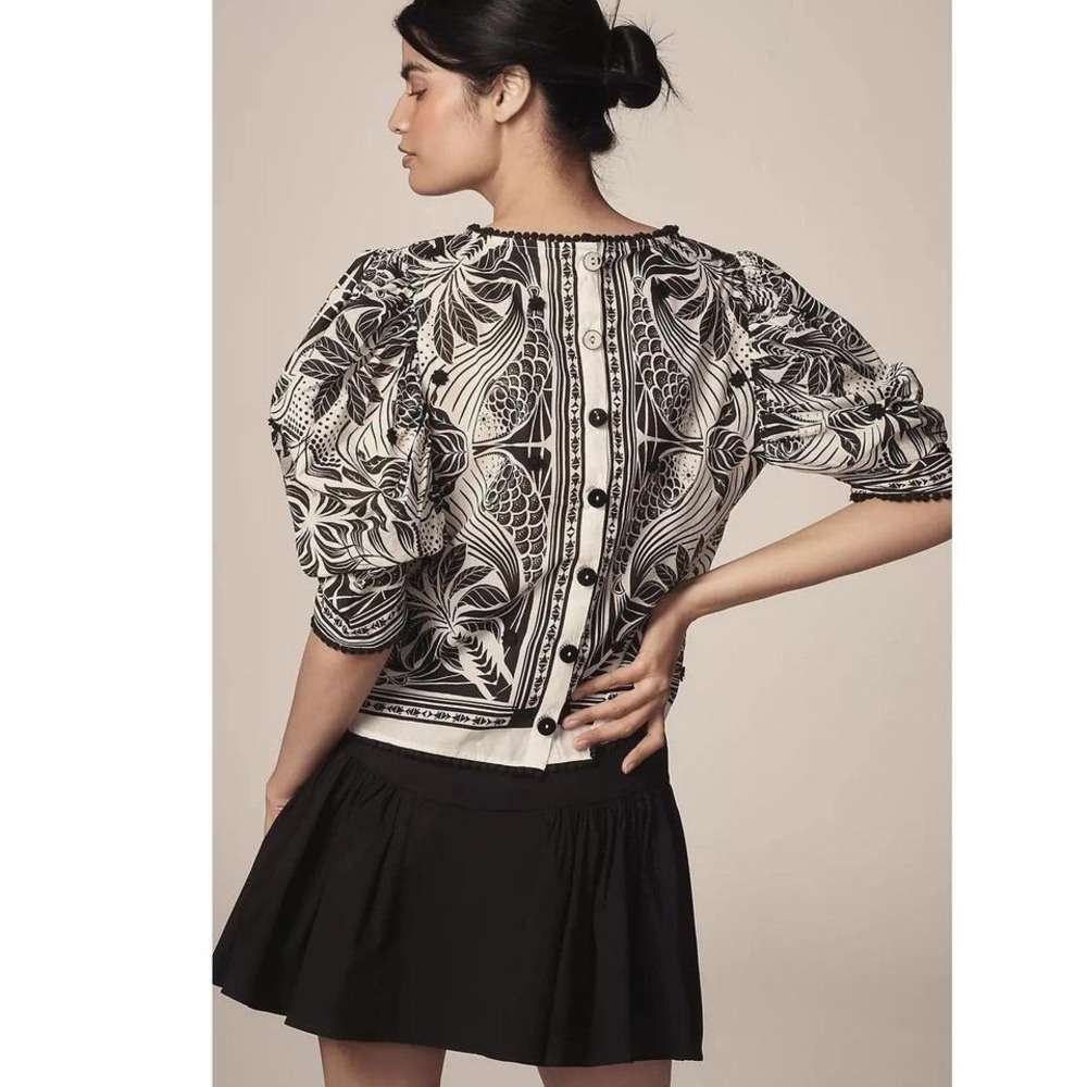 Farm Rio Black White Graphic Toucans Puff Sleeve Button Back Blouse Medium - Picture 2 of 5
